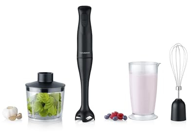 Severin 4-in-1 Stabmixer inkl. 700ml Mix- & Messbecher, Schneebesen, Zerkleineraufsatz, Mixstab, abnehmbarer Pürierfuß, Turbotaste, Easy Click System, für Smoothies, Shakes, 350W, schwarz, SM 3762