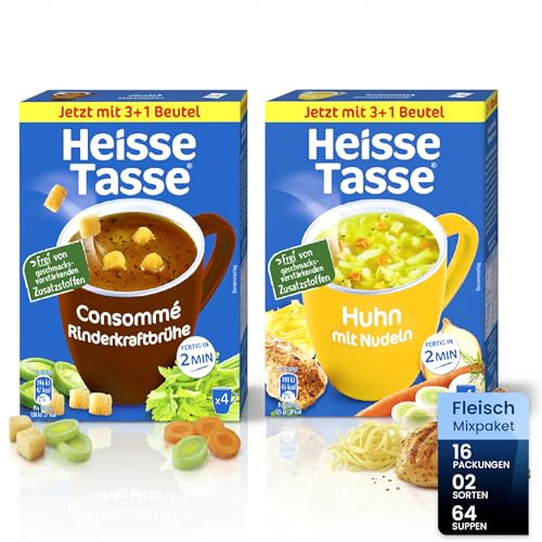 Erasco Heiße Tasse Fleisch Mixpaket Suppe, 16er Set | Mit Huhn und Rinderkraftbrühe, schnelle Zubereitung, ideal für Vorrat, Zuhause oder Büro