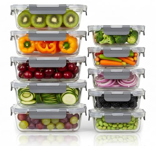 Gabrella 10 Pack Meal Prep Containers, Airtight Lunch Containers, Glass Food Storage Containers, 1050ml & 370ml, Microwave, Oven, Freezer and Dishwasher, Gray