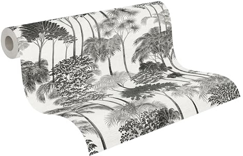 A.S. Création Papier peint intissé avec motif de feuilles de palmier en gris, noir, blanc, métallisé – papier peint jungle exotique 10,05 m x 0,53 m – 791625