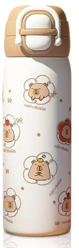 Borraccia Termica Bambini Capybara 600ml con Cannuccia – Borraccia in Acciaio Inossidabile Impermeabile, Doppia Parete Isolante Sottovuoto, con Manico & Tappo a Ribalta, Senza BPA per Scuola, Sport, R