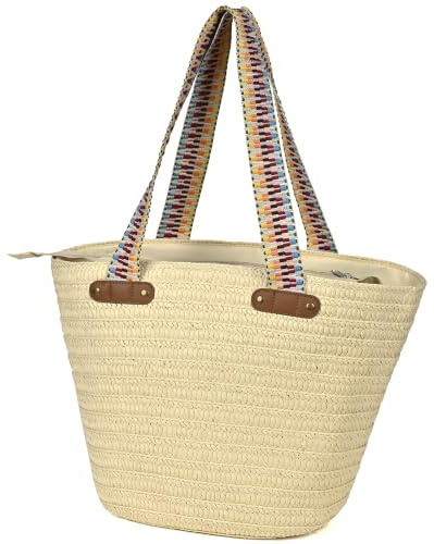 KESUDE Bolso de Hombro Paja para Mujer, Bolsos de Playa Grande con Cremallera, Elegante Tote Bag Rafia Estilo Bohemio para Verano, Vacaciones y Viajes, (Beis)