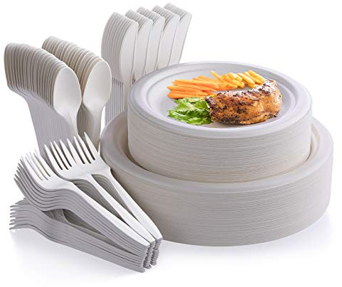 Fuyit 250Pcs Compostable Paper Plates with Cutlery Set, Disposable Biodegradable LONG Utensil Eco-Friendly Dinnerware Includes Plates, Fork, Knife & Spoon for Party, Camping, Picnic (White)