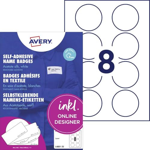 AVERY Zweckform L4881-20 Namensetiketten (160 Namensaufkleber rund, Ø65mm auf A4, selbstklebend, bedruckbare Textiletiketten aus Acetatseide für Laserdrucker, rückstandsfrei ablösbar) 20 Blatt, weiß