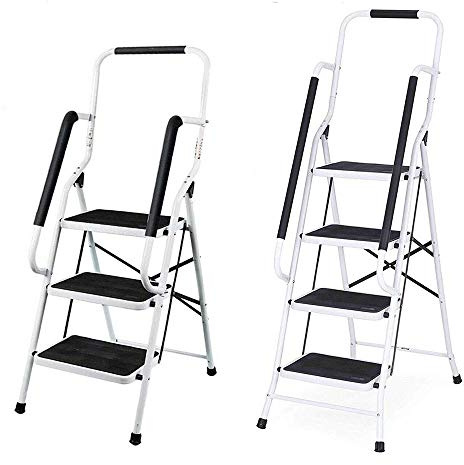 Escalera de 3 Peldaños con Pasamanos, Antideslizante, Plegable Pequeña, para la Cocina o el Garaje, Capacidad Máxima de hasta 330 lbs, Escalera Plegable Multiusos, Certificado TÜV Rheinland GS