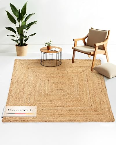 carpetfine Juteteppich Nele Beige handgewebt aus Jute 120x120 cm | Quadratischer Naturfaserteppich im Boho Style für Wohnzimmer, Küche und im Flur