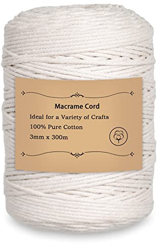 Cymax Coton Corde en macramé 3mm x 300m,Naturel Coton Macramé Corde de Coton pour Hanging Plant DIY Décoration,Décoration Bohème,des Capteurs de Rêves,Emballage Cadeau décorations de Mariage