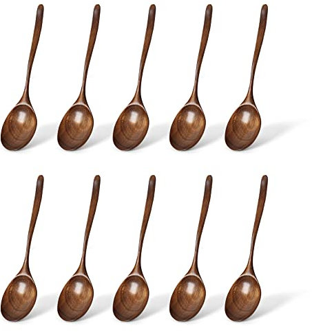 UPTALY 10 pcs Wooden Serving Spoons (9.3 inch × 2.2 inch), Large Mouth Wood Spoon, 100% Natural Phoebe Wood Ladle, Japanese Tablespoon with Curved Handle, for Non-Stick Cookware