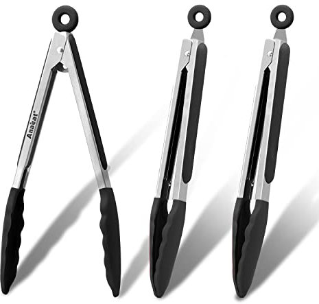 Anaeat 3 Pack 7 Mini Non-Stick Silicone Locking Tongs - Stainless Steel Kitchen Food Tong with Non-Slip Silicone Tips and Grip for Cooking, Baking and BBQ - Heat Resistant up to 480°F (Black)