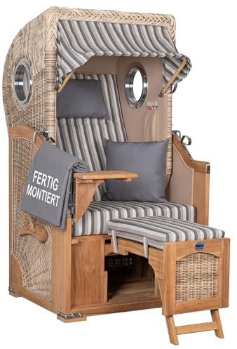 MR. DEKO® Strandkorb Düne Single Teak 1-Sitzer Bullauge | PE Geflecht Shell | Volllieger verstellbar mit Fußablage | inkl. 2 Kissen Wechselpolster | Strandkörbe fertig montiert | Bezug Dessin 545
