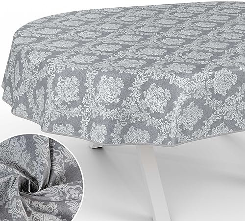 Stoff Tischdecke Textil Tischwäsche Tischtuch Baumwolle Polyester abwaschbar Uni Ornament Damast Jacquard Gewebe waschbar Barock Grau Oval 240x140cm mit Saum (Eingefasst)