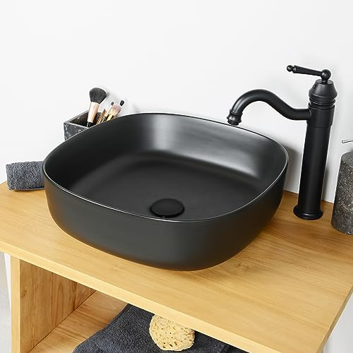 Lavabo de cerámica, 46 cm, cuadrado, rectangular, de cerámica, color negro Wohnfreuden