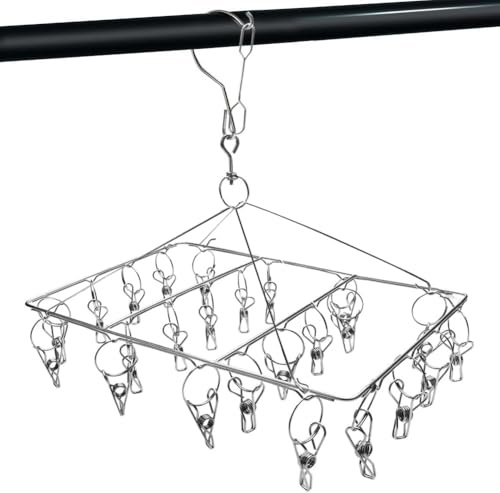 XYUXWLG Sock Hanging with 24 Pegs - Stainless Steel Sock Hanger Drying Rack with Swivel Hook - Windproof Laundry Hanger for Socks, Underwear, Baby Clothes and Hats (1PCS)