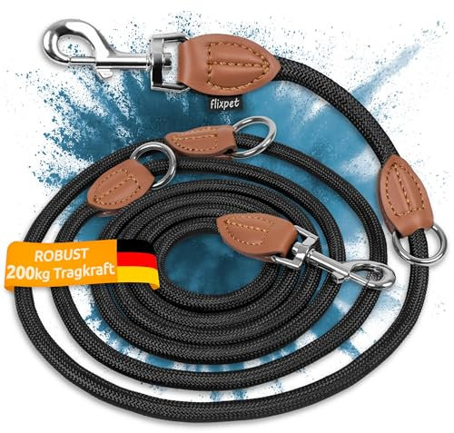 flixpet® - Hundeleine 3m verstellbar für große & mittelgroße Hunde Doppelleine Umhängeleine Führleine aus Paracord robust bis 200kg Tragkraft | 3 Meter lang x 11mm (Schwarz-Braun)