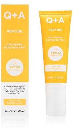 Q+A Peptide SPF 50 Anti-Ageing Daily Sunscreen (50ml), Broad-Spectrum UVA/UVB Protection with Pre-Peptides, Fragrance Free Skincare, Helps Prevent Signs of Ageing while Protecting from UV Damage