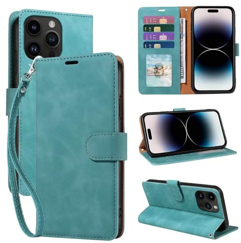 GOTOURED for iPhone 14 Pro Max Case Wallet, RFID Blocking Card, Green | 4 Card Slots, Wrist Strap, Soft PU Leather Flip Cover, Kickstand, Cash Pocket, Magnetic Closure, TPU Shell Protective