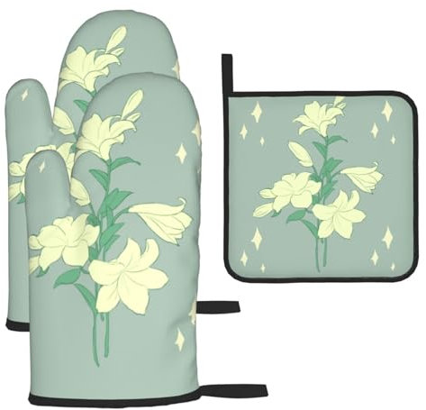 HYTTER Set di 3 guanti da forno in tessuto impermeabile e presine con corda da appendere, motivo a gigli bianchi