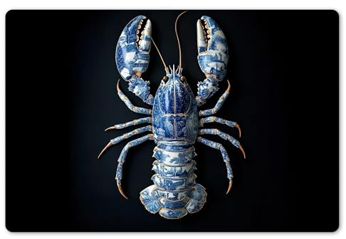 KitchenYeah© Set de Table Ensemble 6 Pièces Dessous Plat Antidérapant | 45x30 cm - Rectangulaire - Lavable Coloré Vinyle Homard - Bleu Delft - Assiette - Dur