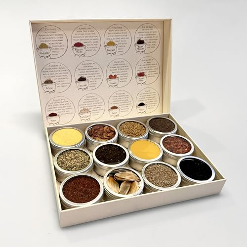 Set de Especias Gourmet – 12 Mezclas Premium Inspiradas en Ottolenghi | Caja Regalo para Cocina con Tarros de Especias Naturales | Regalo Gastronómico para Foodies