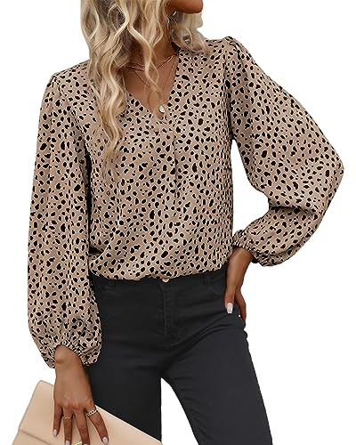 TELULYOO Camicette a maniche lunghe da donna con stampa leopardata top in chiffon scollo a V camicie business alla moda eleganti casual da ufficio tunica, cachi, S