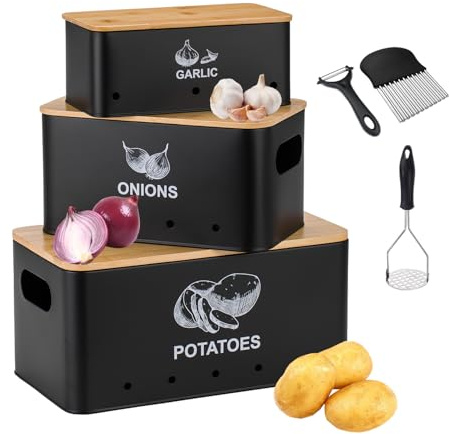 Onion Garlic Potato Storage Set, + 3 Stainless Steel Gadgets - Crinkle Cutter, Potato Masher, Vegetable Peeler, Canister Sets for Kitchen Counter with Aerating Holes and Wooden Bamboo Lids-Black