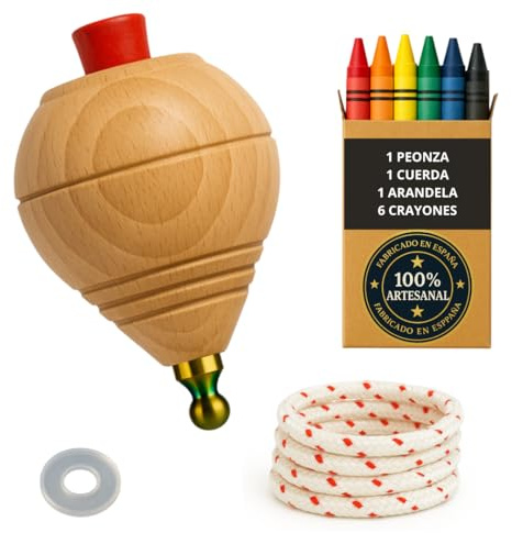 Kreisel aus Holz für Kinder, Paket 1 Trompo + 6 Wachsbuntstifte + 1 Unterlegscheibe | Mit runder Spitze, handgefertigt in Spanien.