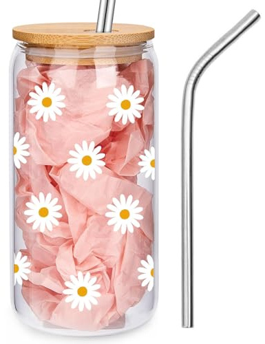 Tressora Cute Glass Coffee Mugs Cups with Lids and Straws, Daisy Design Iced Coffee Cup, Aesthetic Mug Tumbler for Women, Flower Drinking Glasses,Coffee Lover Gifts for Women(Daisy Design)