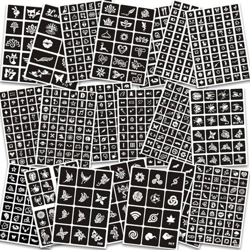 Stencil per tatuaggi temporanei per donne, ragazze e bambini, 480 pezzi con henné Tattoo Stencil Kit, Temporary Indian Arabian Glitter Airbrush Tattoo Stenccils for Face Body Paint DIY