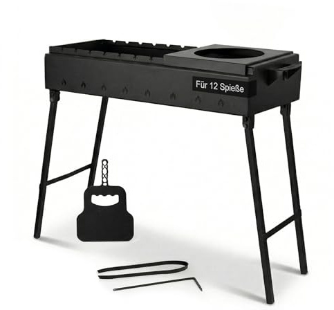 Mangal für 12 Spieße Klappbarer Holzkohlegrill 80 cm lang 2 mm Stahl BBQ Grill Schaschlikgrill Adapter für Kazan Grillfächer Feuerhaken Grillzange für Picknick Garten Camping