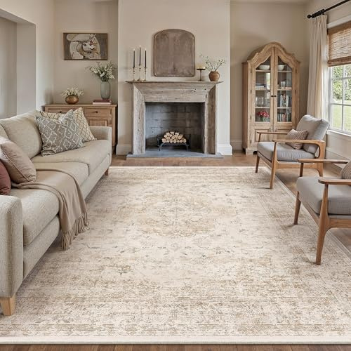 PureCozy Vintage Teppich Wohnzimmer 200x300cm Beige Schlafzimmer Wohnzimmerteppich Waschbarer Groß Carpet Weich rutschfest Teppiche Esszimmer Büro Kurzflor Tepich
