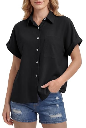 Enmain Camisa Lino Mujer Manga Corta Verano Camisas Blusa de Lino y Algodón de Botones Cuello en V Color Liso Casual Shirt Mujer Elegante Cómoda para Playa Trabajo Negro M