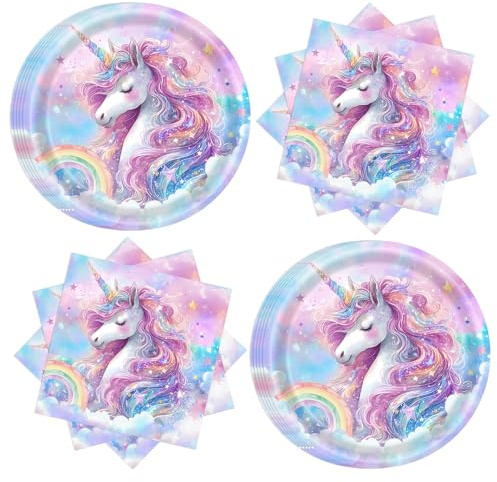 teikart Vaisselle décorative licorne pour anniversaire d'enfant - Serviettes en carton - Assiettes en carton - Vaisselle en carton pour 20 personnes