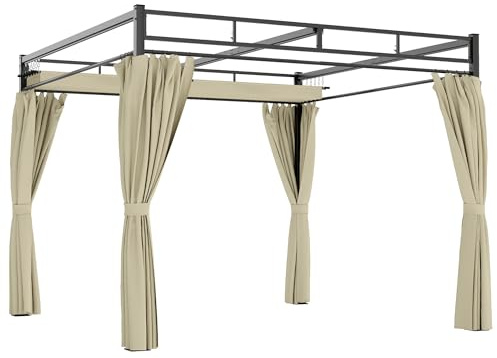 Outsunny Pergola de Jardin 3x3m avec Toit Rétractable - Tonnelle de Jardin Extérieur Acier Renforcé avec 4 Rideaux - Pavillon Colonnes 60mm et Protection UV30+ pour Terrasse et Cour, Beige