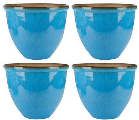 EASON BROS Set of 4 x 30cm Round Ceramic Effect Plant Pot – Glossy Decorative Garden Planter | Durable Plastic Flower Pot | Frost & UV Resistant for Patio, Balcony, Terrace & Garden - (Light Blue)