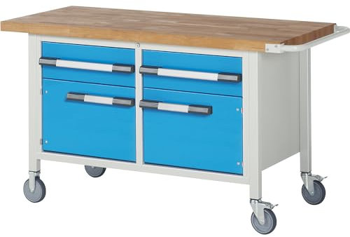 eurokraft | Fahrbare Werkbank Serie 8000 | Gestellbauweise | 2 Schubladen | 2 Türen | BxT 1500 x 700 mm