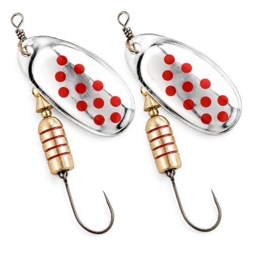 Cucharilla de Pesca Evia Dotty Modelo 11 Numero 2 Color Plata pintas Rojas 4,2 Gramos con Anzuelo Simple sin Muerte (Pack 2 Unidades)