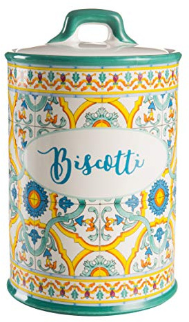 MONTEMAGGI BISCOTTIERA TAPPO ERMETICO IN CERAMICA DECORATO MAIOLICHE 13X13X20cm