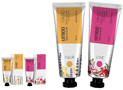 UMIDO 2 Stück Set Handcreme Set 30 ml | 1x Honig-Extrakt & Lavendelöl | 1x Granatapfel-Extrakt & Orchideen-Extrakt | ohne Parabene | Creme | Pflegecreme | Handlotion | Handcreme mini