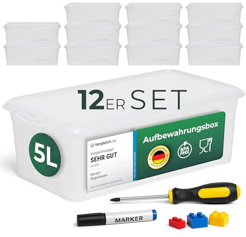 Novaliv 12x Aufbewahrungsboxen mit Deckel 5L transparente Boxen stapelbare Nestbar Storage boxes mit Clipverschluss Kunststoff BPA-frei 34x19x11 cm