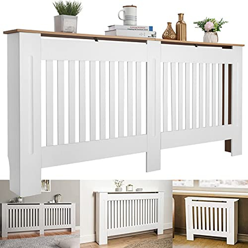 Radiator Cover, Modern Home Cabinet Living Room Decorative Cabinet, Chelsea Radiator Cover Painted MDF Wood White Vertical Slat Grill Cabinet Top Shelving Radiator Cover - Larger