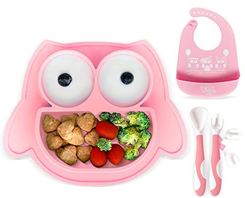 Brunoko Baby tallriksset – babytallrikar med sug + avvänjningsskedar + silikonhaklapp 3-i-1 – babysugskål och böjbara babyskedar för babymatning i BPA-fri silikon – designad i Spanien