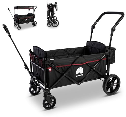 elvent® SmartCruiser City Bollerwagen - Handwagen faltbar mit Dach I Sitzpolster, Hecktasche, Feststellbremse, PU-Reifen, 5-Punkt-Gurt I für 2 Kinder | Teleskop-Zugstange (Schwarz)