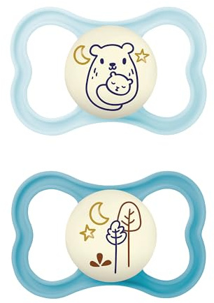 MAM Chupete con Escudo Ventilado que Brilla en la Oscuridad, a Partir de 6 Meses, con Tetina Simétrica, Plana y Flexible de Fácil Aceptación, con Caja Autoesterilizadora, MAM Air, Azul Mate, 2uds