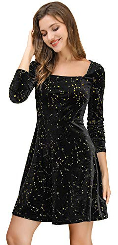 Allegra K Donne Stelle Velluto Colletto Quadrato Vintage Mini Vestito Festa di San Patrizio Nero XL