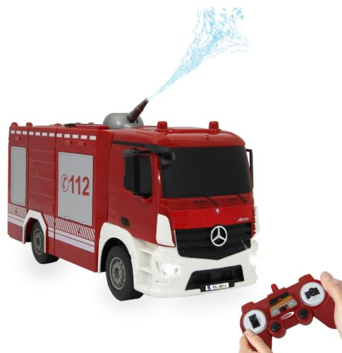 JAMARA 404970 - Feuerwehr TLF mit Spritzfunktion Mercedes-Benz Antos 1:26 2,4GHz - 360° manuell drehbare auf/ab bewegbare Spritzdüse, Reale Spritzfunktion, Licht vorne, Wassertank 160ml