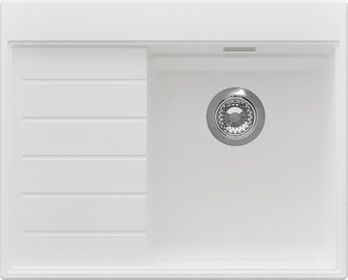PRIMAGRAN Spülbecken ab 40er Unterschrank + Ablauf-Set, 62x50cm | Set: Ablauf-Set (Siphon, Ablaufgarnitur, Überlauf) + Granitspüle 1 Becken - Sydney Ergo, Weiß