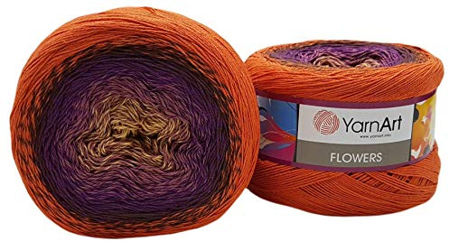 YarnArt Flowers 500 Gramm Bobbel Wolle Farbverlauf, 55% Baumwolle, Bobble Strickwolle Mehrfarbig (terrakotta lila Ocker 295)