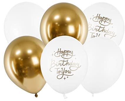 Luftballons 30cm 6er Set mit Schrift Happy Birthday Mix Geburtstag Geburtstagsparty gold weiß