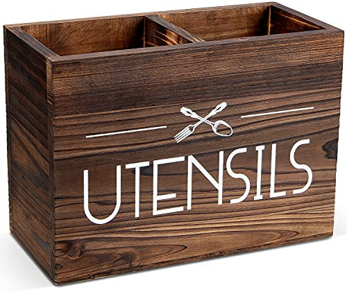 PUERSI Wooden Kitchen Utensil Holder, Countertop Organizer, Rustic Brown Farmhouse Utensil Kitchen Decor with 2 Compartments