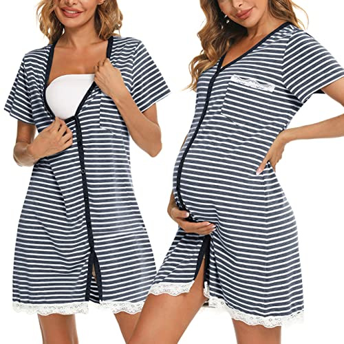 Uniexcosm Camicie da Notte Parto Cotone Camicia Notte Premaman con Scollo A V Manica Corta Aperto Anteriore Camicia da Notte Donne Gravidanza Strisce Blu Navy M
